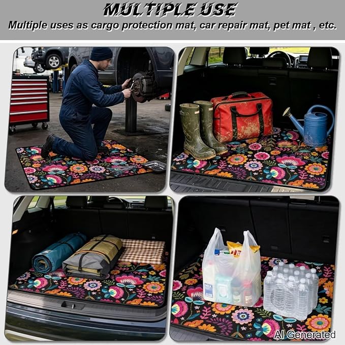 Colorful Floral Print Non Slip Car Trunk Mat, Universal All Weather Cargo Liner 29" x 39", Durable Washable Pet Friendly Rear Trunk Protection Mats
