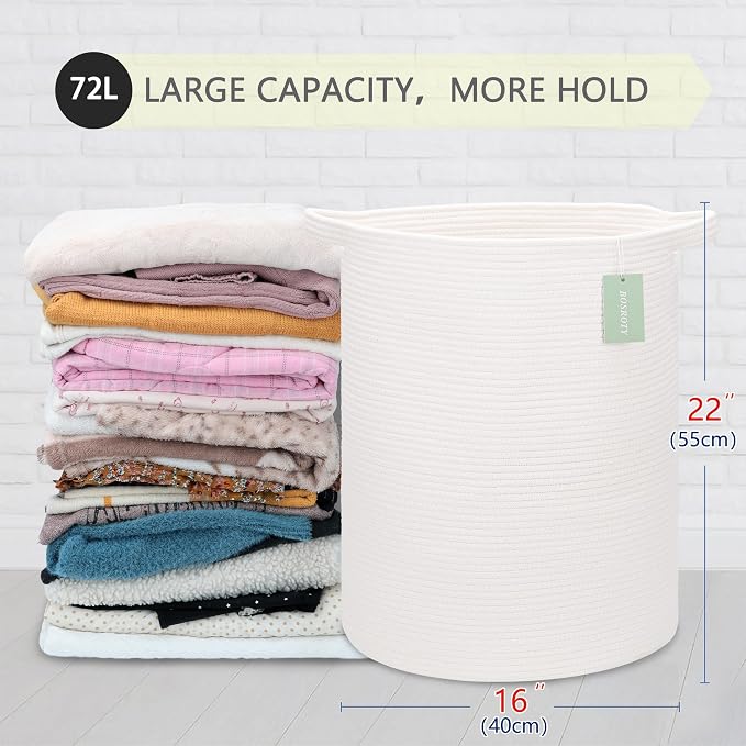 Cotton Rope Basket for Girls Boys, 72L Tall Laundry Hamper, White