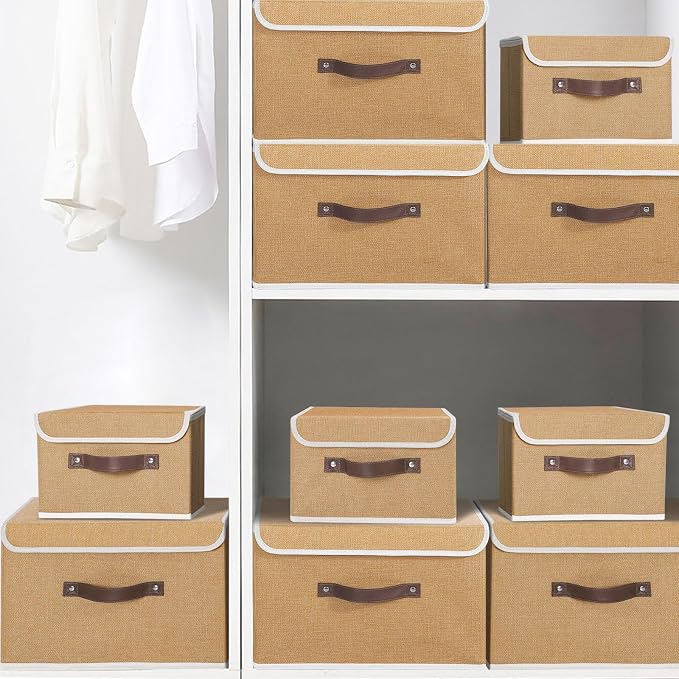 ANMINY Fabric Storage Box Bins with Lids, Khaki, 10"x8"x7", 4 Pack | Keepsake Memory Storage, Cotton Linen, PP Board Reinforced, Washable, PU Handles, Foldable & Stackable, Decorative, Small