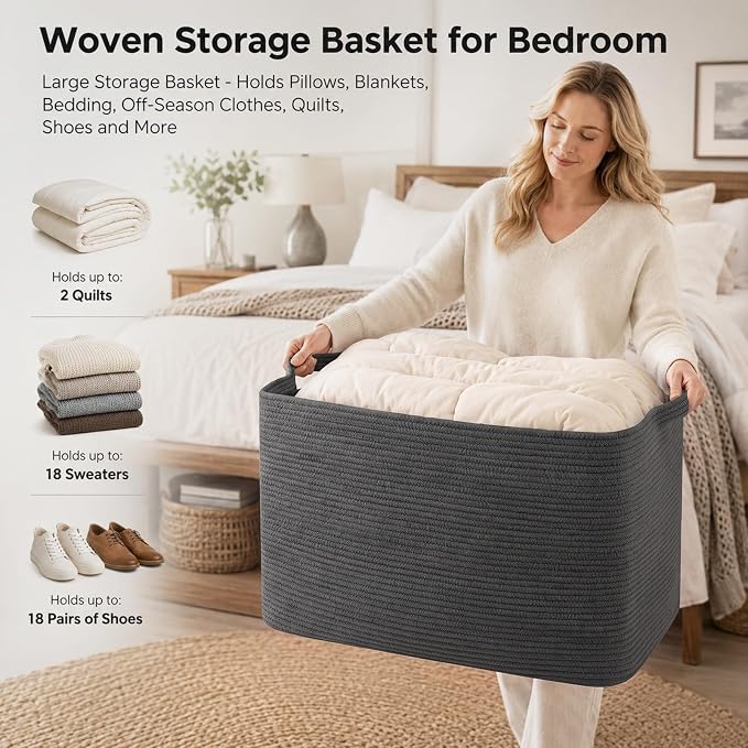 OIASKET 108L Extra Large Blanket Basket Living Room, 24.8" x 16.2" x 16.2" | Rectangle Woven Laundry Hamper, Nursery Blanket Storage Living Room, Toy Storage With Handle, Large Baskets for Organizing