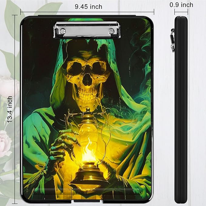 Green Skull Flame A4 Clipboard with Storage Pen Holder, Clipboards Organizer Nursing Clipboard Foldable File Folder Plastic Clipboard Folio Clip Board for Office Students Classroom Doctor