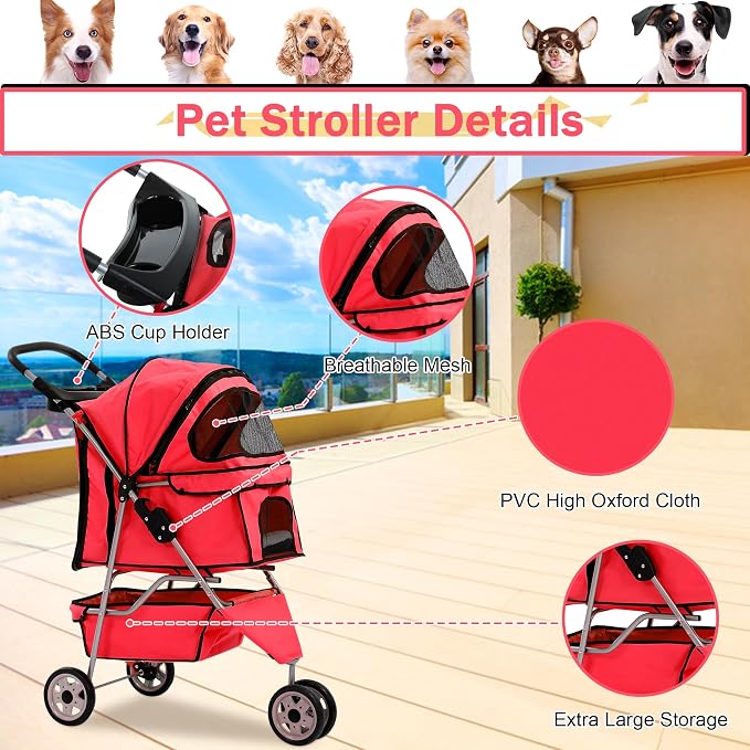 BLKMTY Folding Dog Stroller, 3 Wheels Pet Stroller, Foldable Cat Strollers Waterproof Travel Carrier Strolling Cart for Puppy Jogger with Cup Holder & Storage Basket, Red