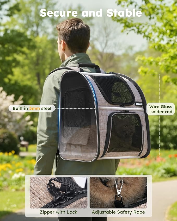 pecute Cat Backpack Expandable, Cat Backpack for Cat with Breathable Window | Durable Oxford Cloth, Lockable Zipper,Use for Pet Under 11 lbs to Travel