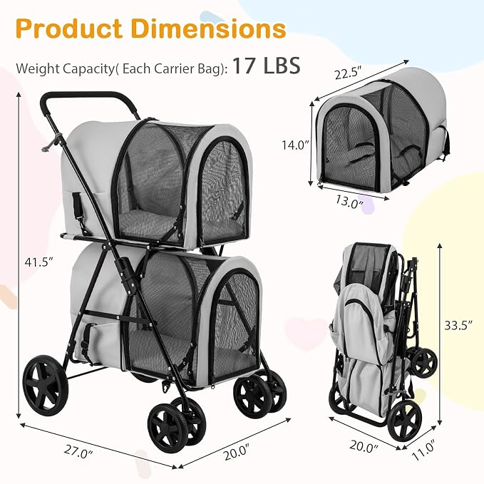 Dog Stroller with 2 Detachable Carrier, Pet Stroller for Small Medium Dogs Cats, Jogger/Travel/Camping, 4-in-1 Doggy Pet Carrier, Carrier Strolling Cart with Lockable Wheels (Gray)