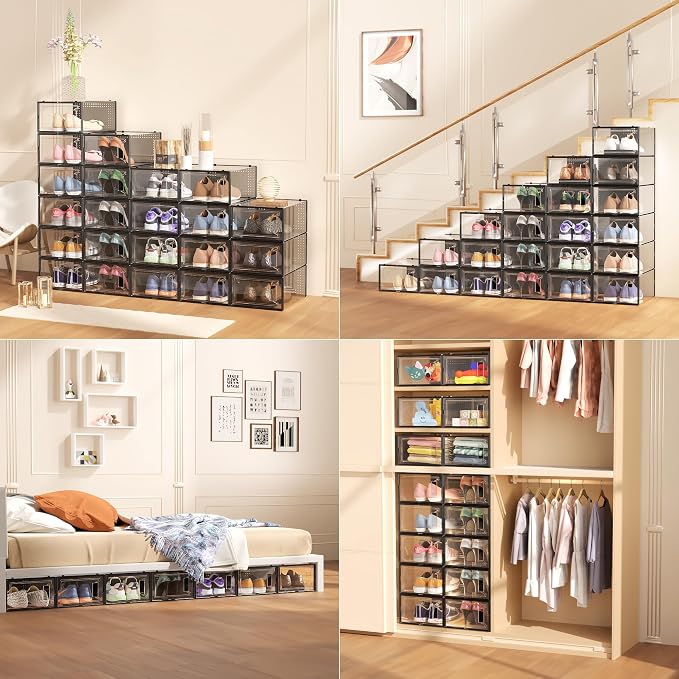 12 Pack X-Large Stackable Clear Plastic Shoe Storage Boxes Organizer, Black | Easy to Assemble and Stack, Fit Size 10, Ventilated Dust-Proof, For Sneaker, Closet, Entryway, Under Bed, Replace Shoe Rack