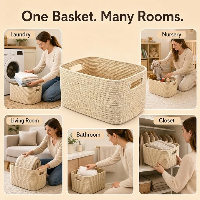 12.8GAL Small Cute laundry basket for nursery, Boho Square storage basket for Living Room Decor, Kids Girls Boys Toys Stuffed Animal Decorative Short Hamper for Dirty Clothes, Bath Towel,Shoes Oatmeal