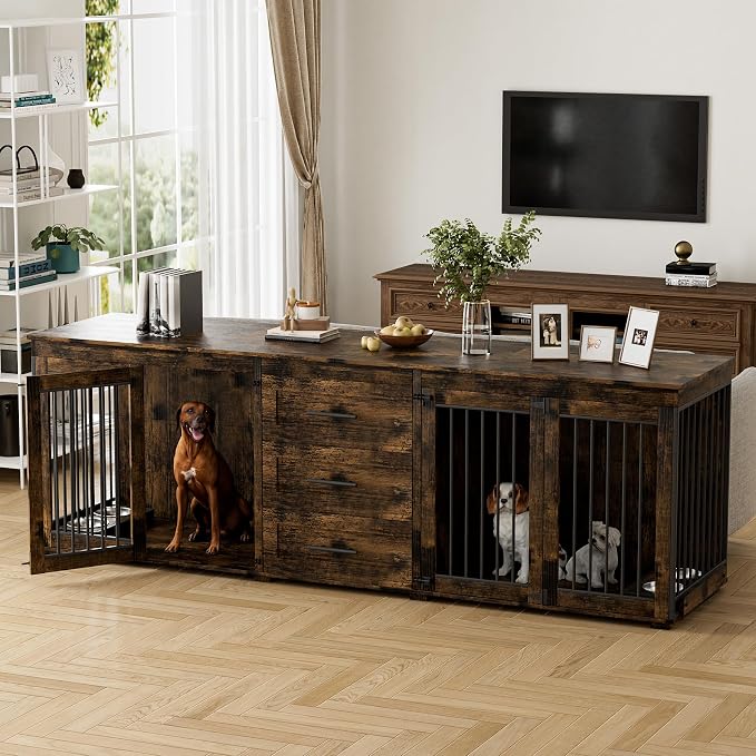 OUYESSIR 94.5" Double Dog Crate Furniture for Medium Large Dogs, Brown | Extra large dog kennel fits 2 Medium or large dogs, 3 Storage Drawers, 4 removable Stainless steel dog bowls, Solid Wood