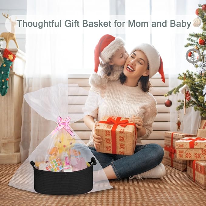 COMSE Small Gift Basket Empty with Bag & Ribbons, Solid Black | Cotton Rope, 12"x 8"x 5", Pet Toy Storage Organizer, Woven Basket for Birthdays, Baby Showers, Mother’s Day, Valentine’s Day