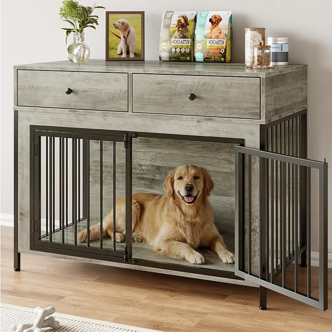 PUKAMI Large Dog Crate Furniture with 2 Drawers, 44 Inch Wooden Dog Kennel Indoor, Crate Furniture as Decorative End Table, Cage Furniture for Small Medium Large Dogs (New Grey, 1-Pack Set)