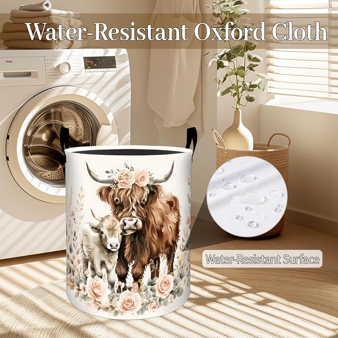 Highland Cow Laundry Basket, Floral Farm Animal Foldable Oxford Cloth, Waterproof Dirty Clothes Hamper with Handles, Clothing Storage Bin Toy Organizer for Bedroom Dorm Bathroom, 19.7"x15.7"