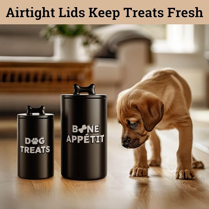 Ceramic Dog Treat Container Airtight Set of 2, 10x5 in & 7x4 in, 11 Cups | Airtight Ceramic Lids, Ceramic Bone Handles, Food Safe, Easy to Wash, Sturdy, Dishwasher Safe, Raised Design, 2-pc Dog Jars