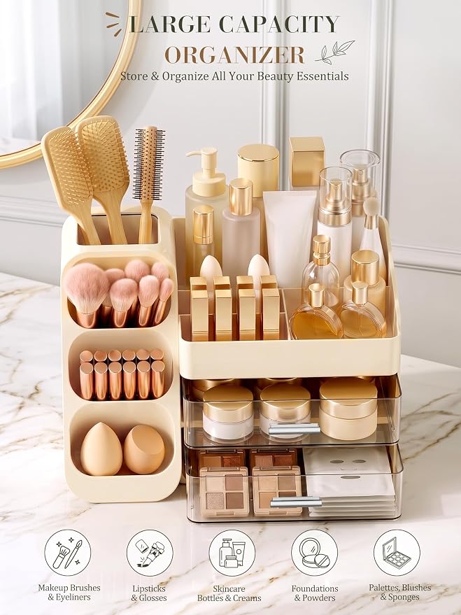 Large Makeup Organizer Countertop for Vanity Skincare Organizers Cream | Acrylic Cosmetic Display Case with Drawers Brush Holder, Dorm Bathroom Counter Organizer for Perfume, Nail Polishes, Lipstick