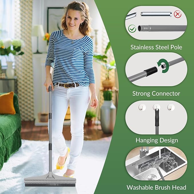 Walensee Carpet Rake for Pet Hair Removal, 2 in 1 Rug Rake to Fluff Carpet with Nylon Groomer Brush, Adjustable Long Handle for Shag Rugs, Stairs, Mats and Floors, Rubber Broom