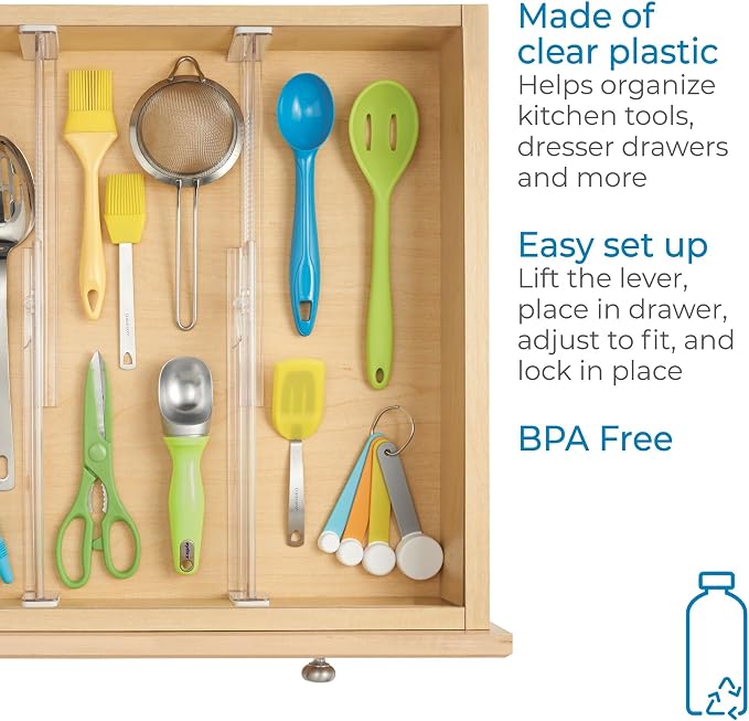 iDesign Plastic Adjustable Deep Drawer Divider, Kitchen, Dresser, Desk, Bathroom and More, The Linus Collection – Set of 2, Expandable 13.25” – 20.75”, Clear | Expandable, 13.25"x4.10"x1.25", Clear