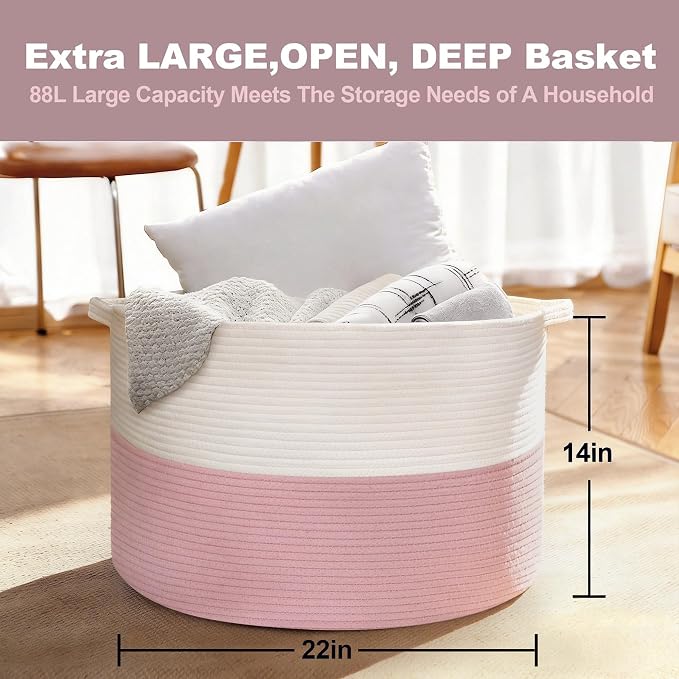 MEGASKET Pink Storage Baskets for Organizing, 22"X22"X14" XXXL Blanket Basket Living Room, Large Toy Basket, Soft Pink Cotton Rope Woven Baskets for Storage, Decorative Gifts Basket Bins for Nursery