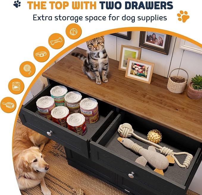 Double Door Dog Feeding Station with Storage, 10 Gallons Tilt Out Trash Can Cabinet, Dog Food Cabinet with Dog Bowls, Pet Organizer Cabinet for Kitchen/Living Room (Black, Double Door)