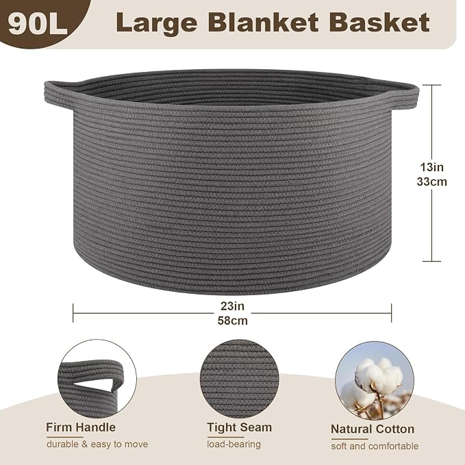 OIAHOMY 90L Extra Large Blanket Basket - Decorative Cotton Rope Storage Basket for Bedroom, Living Room & Nursery - Woven Laundry Hamper for Organizing Blankets, Clothes & Toys - Grey