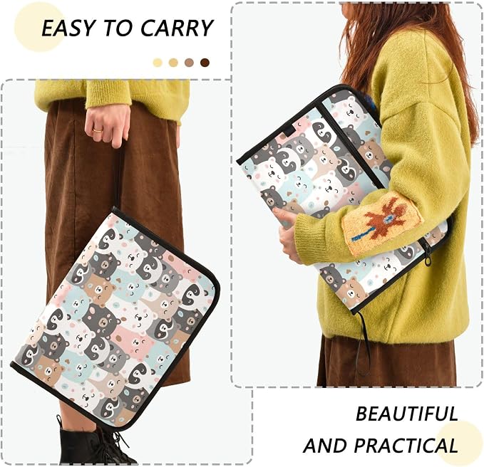 Cute Little Bears Expanding File Folder with Sticky Labels, 13 Pockets Accordion File Folder Document Organizer Expandable Zip File Folder with Zipper Closure