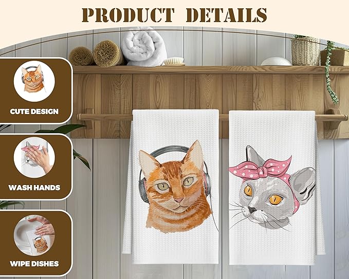 Kitchen Towels Set of 2, Headphone Cat Dish Towel for Kitchen, Funny Pink Bow Kitten Hand Towels for Bathroom, Fast Drying Tea Towel, Housewarming Xmas Gifts for Cat Lover Women Mom -B09