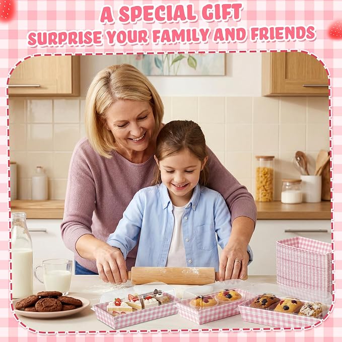 Bokon 50 Pack Pink Gingham Treat Boxes with Clear Lids, Window Dessert Boxes for Cookies Cupcakes Macarons, Disposable Bakery to Go Containers for Wedding Favors, Bridal Shower, Sweet 16 Party