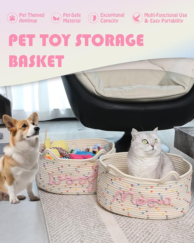 Sea Team Cat Toy Storage Basket with Handles and Ears, Rainbow Meow | Large Cotton Rope Storage Bin, Shelf Basket, Organizer for Pet Chew Toys, Foods, 16.5 x 11 x 7 Inches, 4.4 Gallons