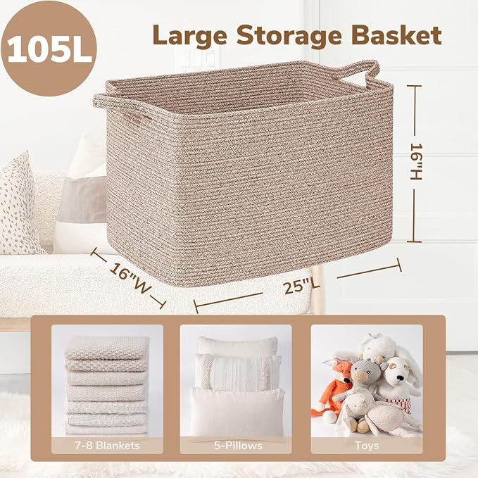Goodpick 105L Extra Large Woven Rope Blanket Basket, Rectangle, Brown | 25'' x 16'' x 16'' Storage Basket for Blankets, Clothes & Pillows, Living Room & Bedroom Organization, Reinforced Handles