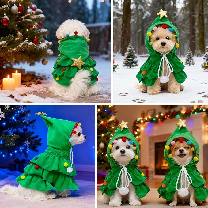 BEAUTYZOO 2 Pack Dog Christmas Costume with Santa Hat for Small Dogs Cats, Dog Christmas Outfit, Cute Pet Xmas Tree Costume Clothes, Puppy Xmas Hoodie Cloak, Cat Holiday Cosplay Dress, Green