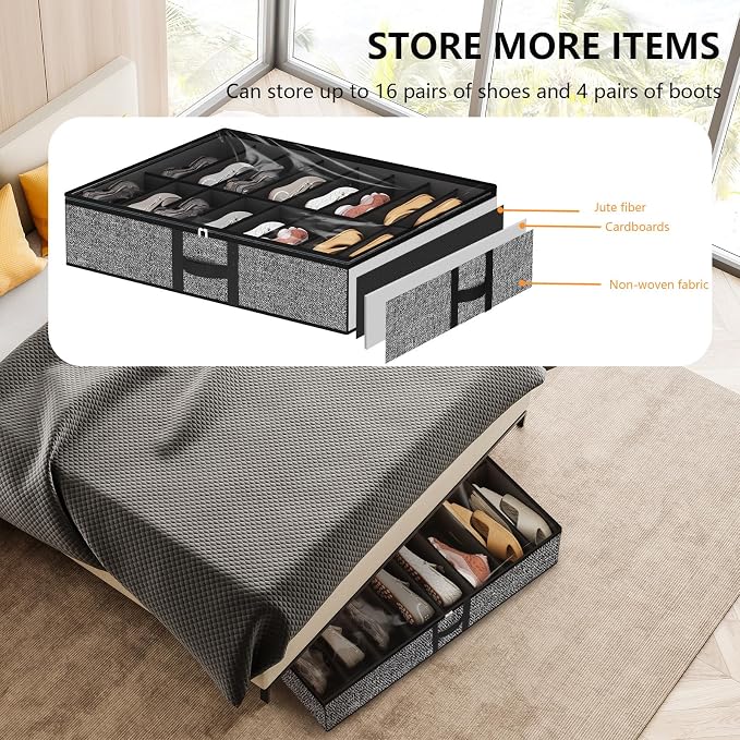 Under Bed Shoe Storage Organizer Fits 16 Pairs Shoes and 4 Pairs Boots, Underbed Shoe Storage Boxes Bins, Organizador De Zapatos, Extra Large Zapateras Organizer for closet, Black, Set of 2
