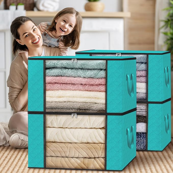 4 Pack Storage Bags for Clothes Blanket Storage Bins with Lids | Foldable Closet Organizers with Zippers,Window and Handles,Fabric Storage Bins for Sweater,Comforter,Bedding,Dorm essentials