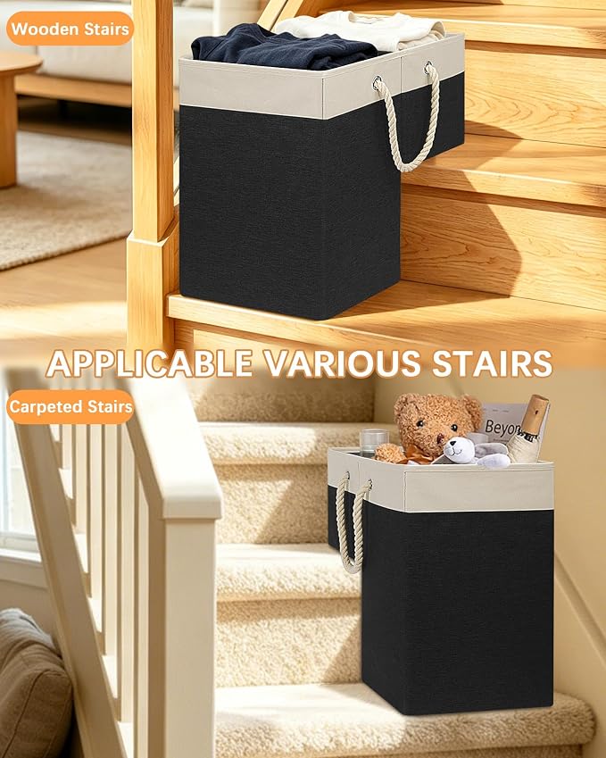 LHZ.K Stair Basket with Removable Divider & Sturdy Handles,1pcs, Black | 16" Rigid Foldable Stair Storage Basket for Carpeted & Wooden Stairs, Large Capacity for Laundry, Toy, Pet Supplies & Clutter