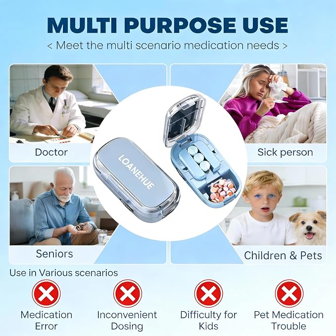 Precision Pill Cutter for Small and Tiny Pills, Sharp Blade with Storage Compartment, Travel-Friendly 1/2 Pill Splitter for Home/On-The-Go, Blue