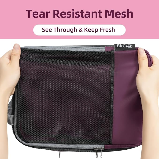 BAGAIL 4 Set/6 Set/8 Set Compression Packing Cubes Travel Accessories Expandable Packing Organizers (Half Mesh, 6-Burgundy)