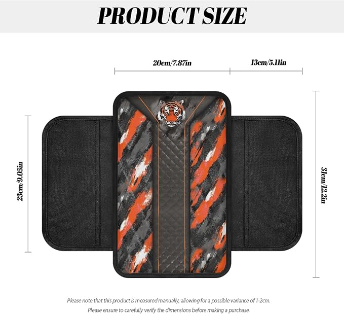 Howilath Center Console Armrest Cover, Soft Cushion with Pockets | Tiger Print Stretch-on Elastic Band, No Tools, Protects From Spills and Scratches, Fits Sedan/Truck