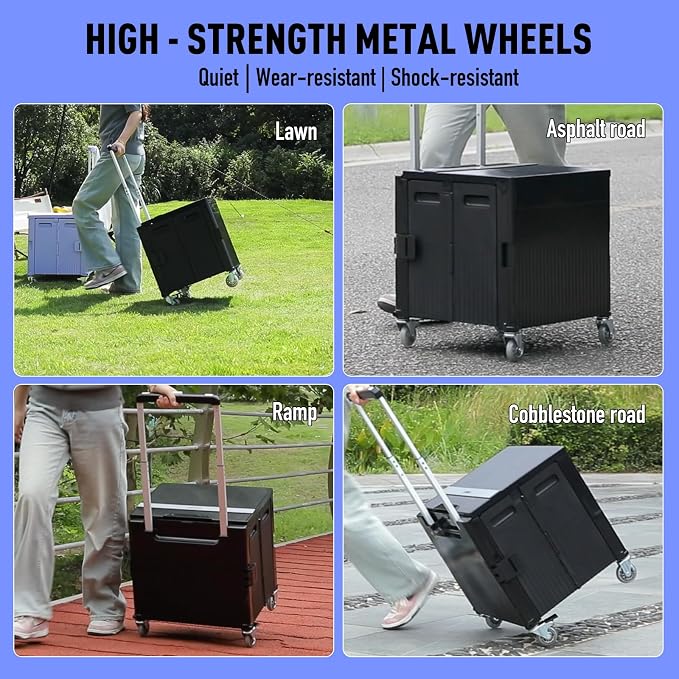 Folding Utility Cart Portable Rolling Crate Handcart Shopping Trolley Collapsible Tool Box, with Lid, on Rotate Wheels, for Grocery, Shopping, Office, Teacher, Camp,File (Black)