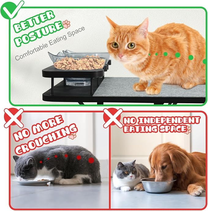 Cat Wall Shelves Furniture Set with 2 Food Bowls, Wooden Cat Climbing Wall Systems with Scratching Pad and 3 Steps, Floating Shelves Bed Perches Wall Mounted for Indoor Fit Up to 15Lbs (Black)