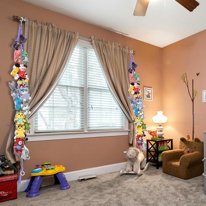 2PCS Stuffed Animals Storage Chain Organizers 80" Cotton Hanging Storage Chain with 2x 10 Led Light 40 Metal Clips Stuffed Animal Display Holder Chain for Nursery Play Room (Purple)