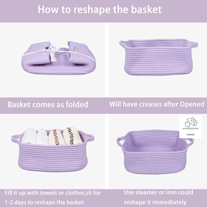 XUANGUO Medium Woven Cotton Rope Storage Basket with Handles, Light Purple | Small decorative rectangle storage bin for baby nursery items and cat toys; ideal as an empty gift basket or dog toy basket