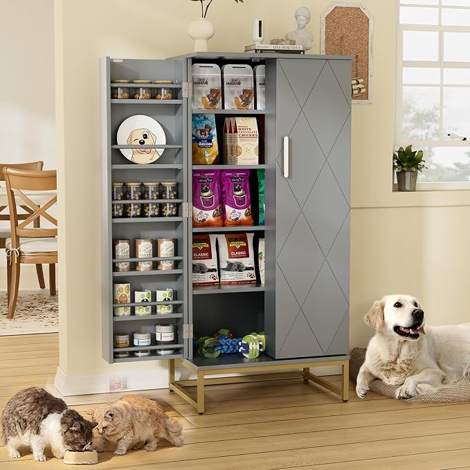 Saudism 47" Dog Food Storage Cabinet with Adjustable Shelves, Walnut | Freestanding Pet Storage Container Organizer for Living Room and Dinning Room