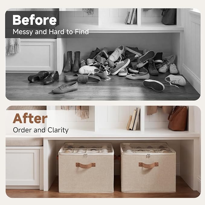 StorageWorks 16-Pair Closet Shoe Organizer with Adjustable Dividers, Taupe | Holds up to 16 Pairs, Foldable, Clear Lid, Reinforced Handles, Fits Sneakers, Boots & Heels, For Closet, Entryway & Bedroom