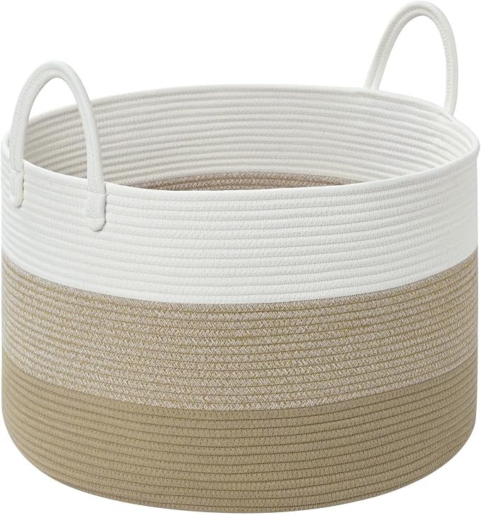 67L Large Woven Blanket Basket, Cotton Rope Baby Laundry Hamper with Handles, Kids Toy Basket for Classroom & Nursery, Soft Round Stuffed Animal Storage, Dog Toy Bin - 20"x13", Gradient Brown