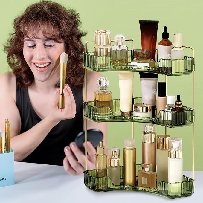 Corner Bathroom Counter Organizer Bathroom Countertop Shelf Makeup Organizer for Vanity Perfume Tray for Corner Storage (3 Tiers, Green)