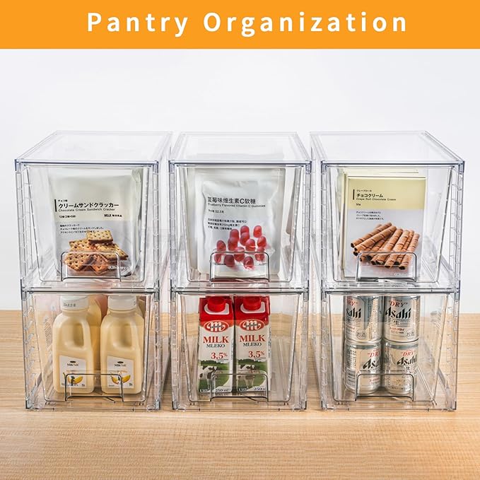 4Pack Large Stackable Kitchen Storage Drawers Holder, Clear Foods Organizer Bins with Handles, Easily Assemble for Bathroom, Kitchen, Pantry, Cabinet, Closet