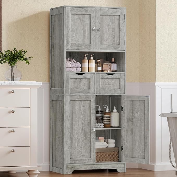 TEENFON 57.8" H Tall Storage Cabinet with 2 Drawers & 2 Adjustable Shelves, Bathroom Storage Cabinet with 4 Doors, Floor Cupboard, for Living Room, Dining Room, Entryway, Woodgrain Gray