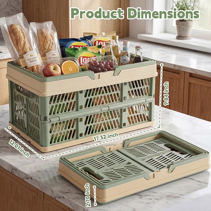 VALESKA 17inch Plastic Milk Crate,33L Collapsible Crate for Shopping and Storage, Foldable Shopping Basket with Handles,Car Trunk Basket,for Kitchen(Green)