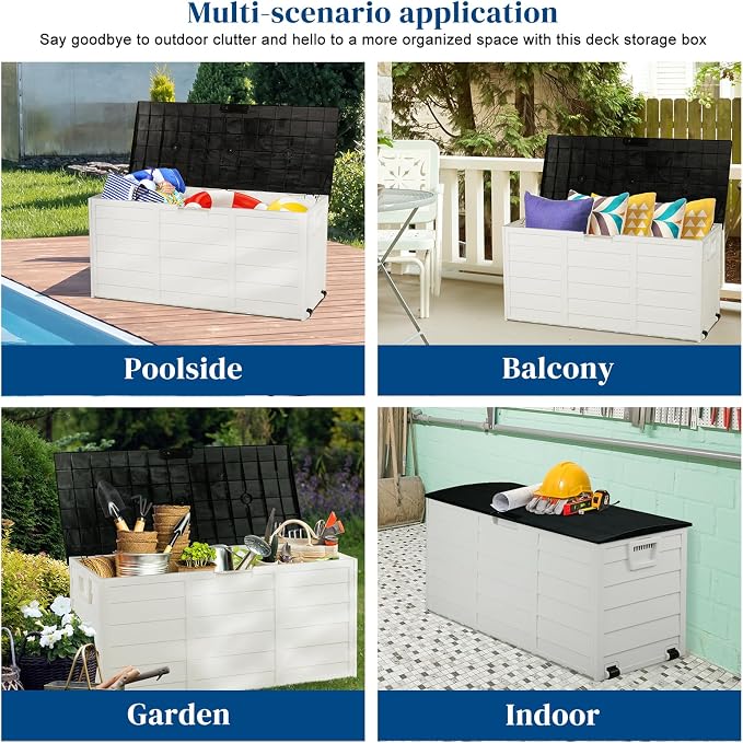 75 Gallon Outdoor Storage Box with Wheels, Waterproof Resin Deck Box for Patio Cushions & Garden Tools, Rolling Garden Storage Bin, Weather Resistant Trunk