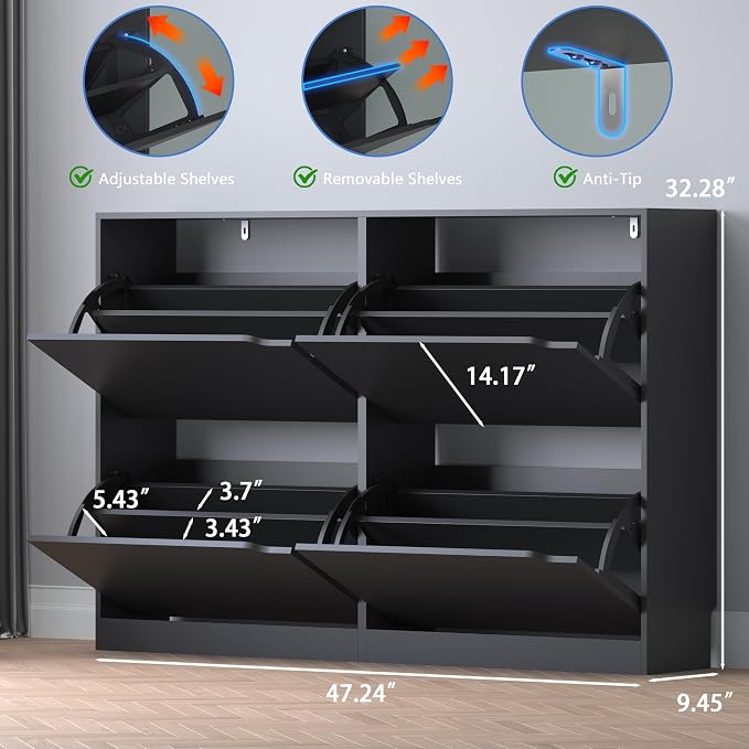 BORNOON Shoe Cabinet with 4 Flip Drawers, Narrow Hidden Shoe Storage Cabinet, Slim Freestanding Shoe Rack Organizer for Entryway, Hallway, Bedroom, Living Room
