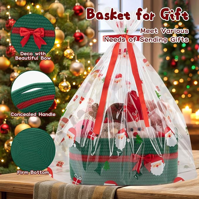 OIAHOMY Large Woven Storage Basket with Handles for Nursery Living Room Shelves, Bow Basket for Gifts Empty with Gift Bags and Ribbons for Baby Showers Pet Toy Bin - Christmas Green
