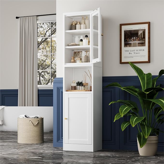 YAUWOH Metal Storage Cabinet with Glass Door, Tall Slim Pantry Organizer with 3 Adjustable Shelves (120LBS/Shelf), Anti-Tipping Waterproof Cabinet for Kitchen/Home Office/Small Spaces,(1PC,White)