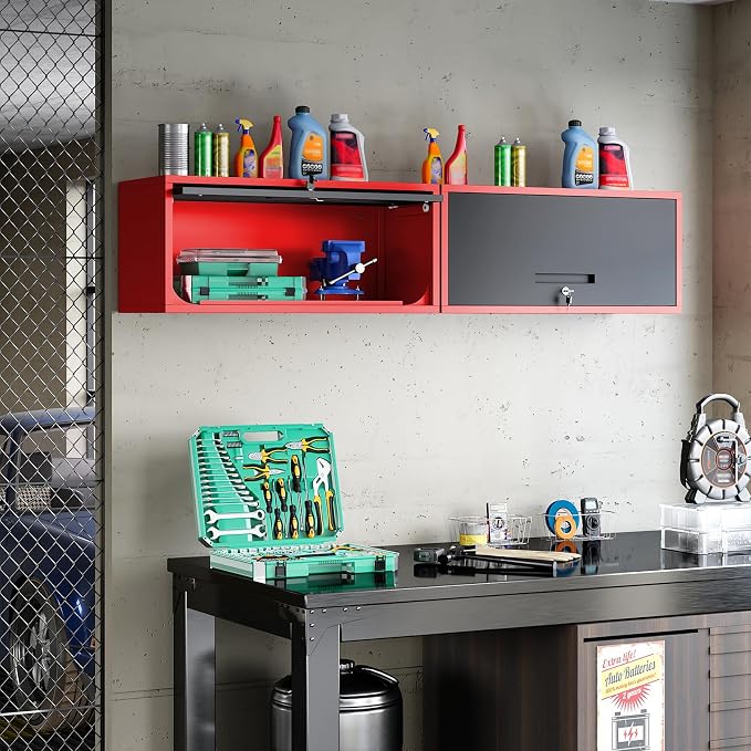 Metal Wall Storage Cabinet with Up-flip Door, Wall-Mounted Storage Cabinet for Garage, Warehouse, Home, Office, Assembly Required (Black Red, One Cabinet)