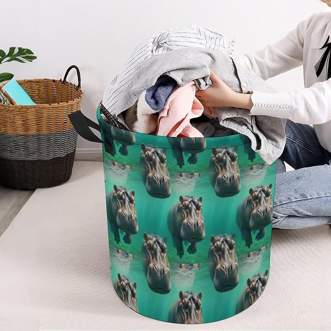 Foldable Laundry Basket with Handles Diving Hippo, Waterproof Storage Hamper for Clothes, Toys, and Towels in Bedroom and Bathroom